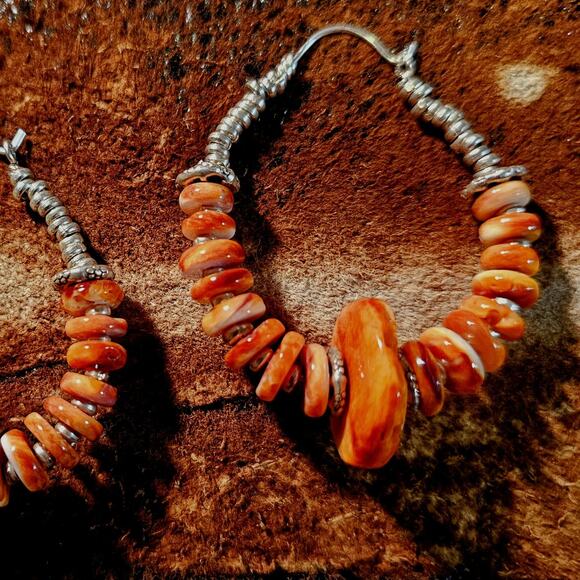Orange Spiny Oyster Artisan Sterling Hoop Earrings Vintage - Picture 6 of 8